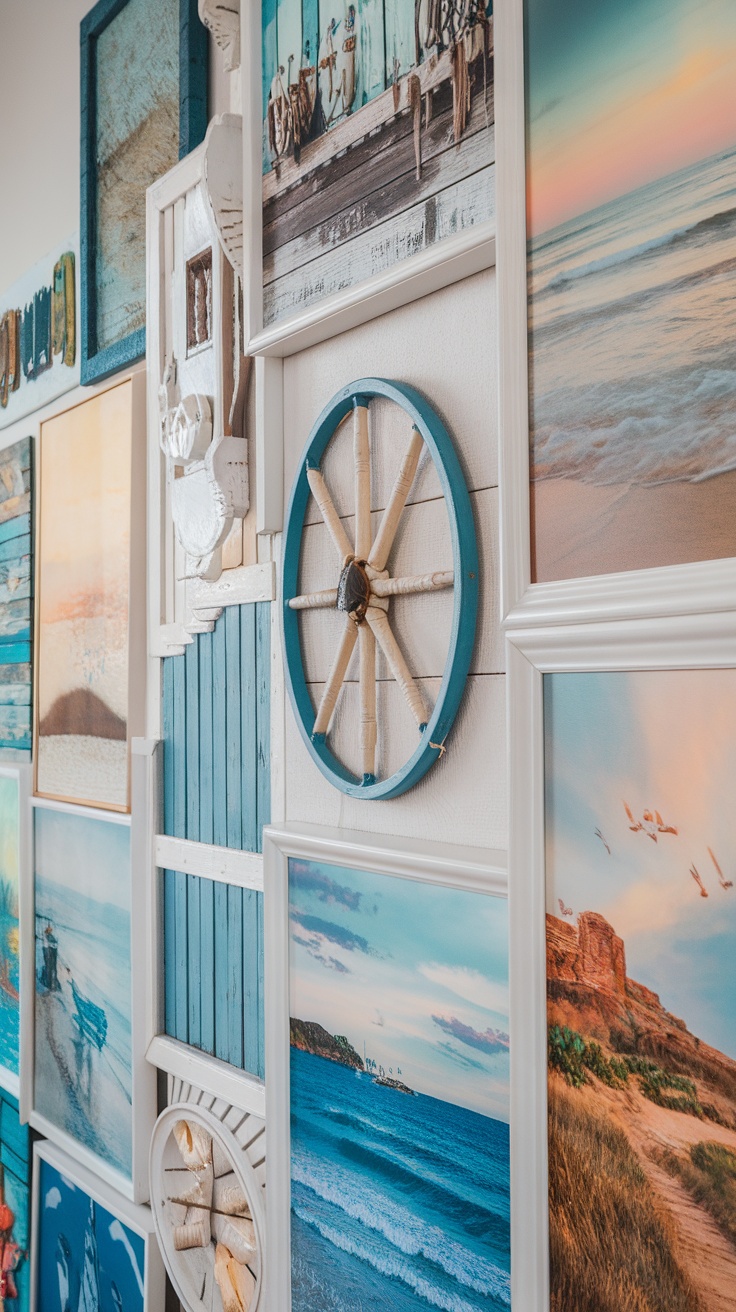 A collage of nautical-themed artwork including ocean scenes and a ship wheel.