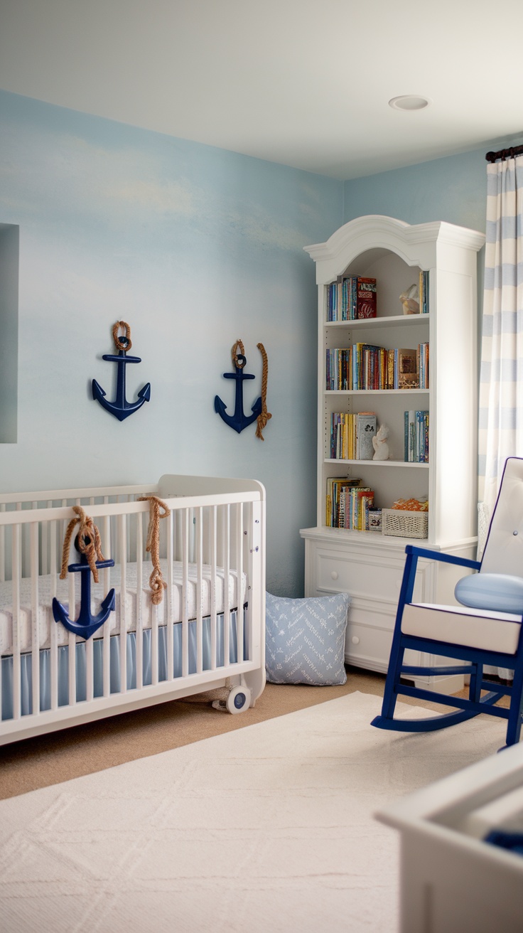 A nautical-themed nursery featuring a crib, rocking chair, and bookshelves with anchor decorations.