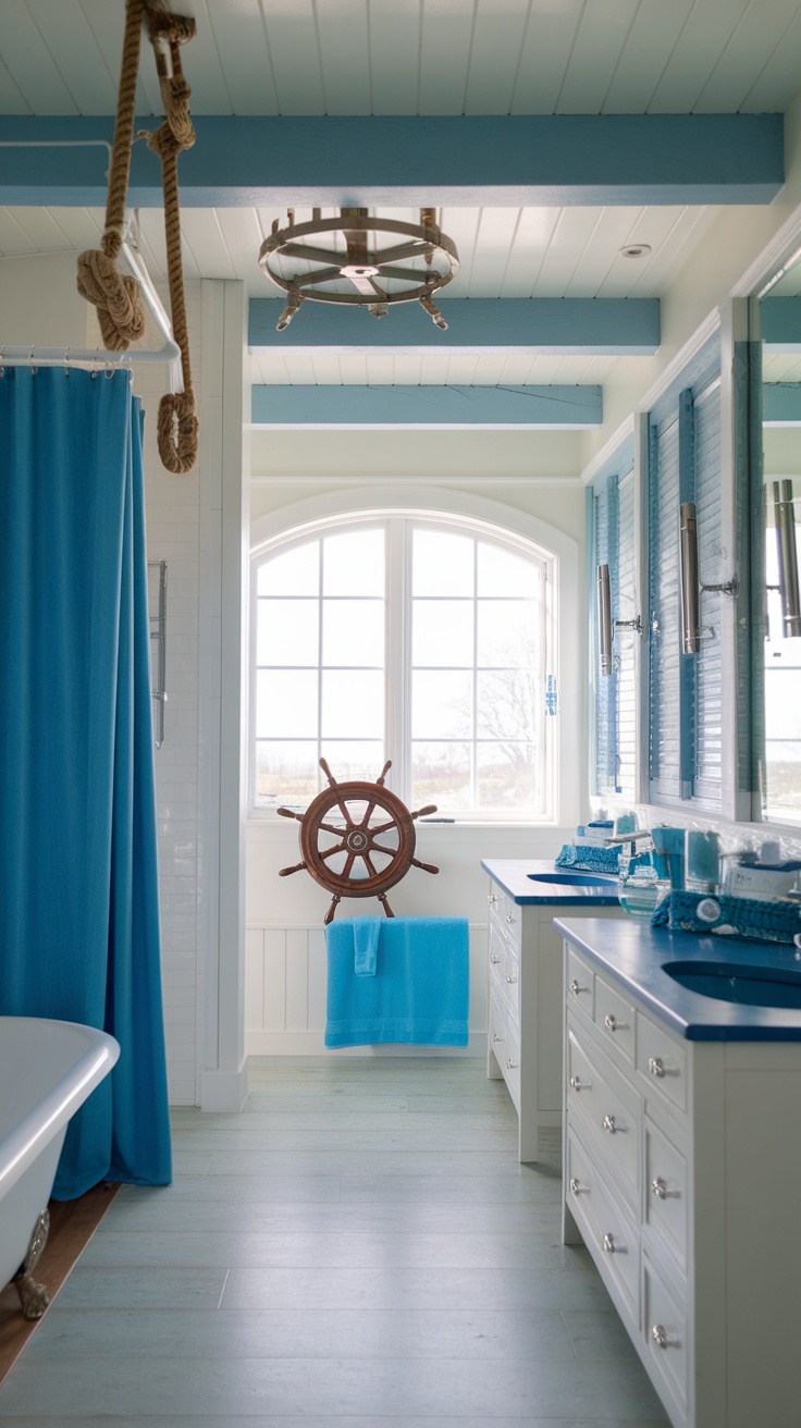 A bright coastal bathroom featuring nautical decor and a soothing color palette.