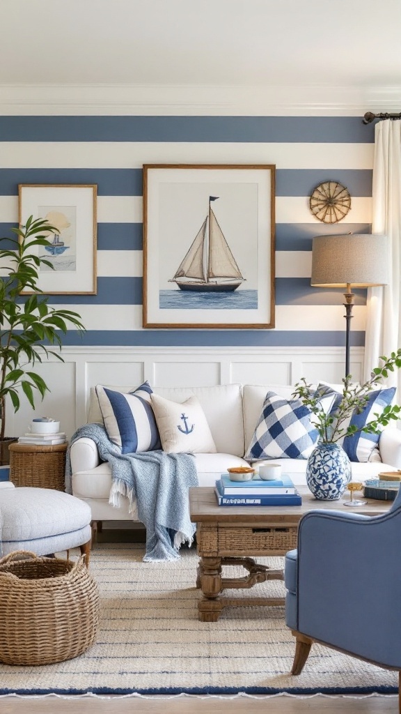 Blue and white living room with nautical decor, featuring striped walls and a sailboat.