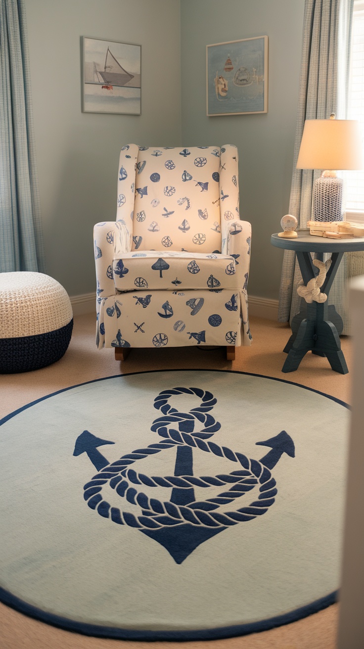 A cozy nautical-themed nursery featuring a rug with an anchor design.