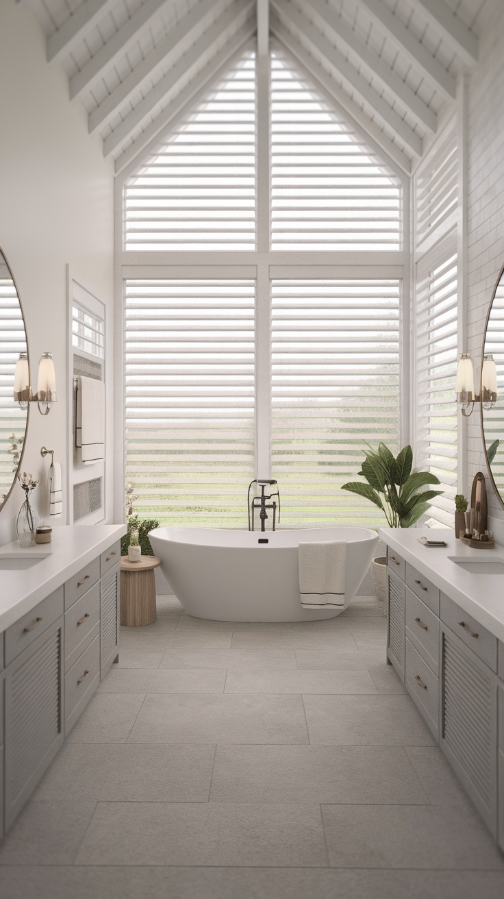 Modern farmhouse bathroom with a neutral color palette featuring a tub, plants, and natural light.