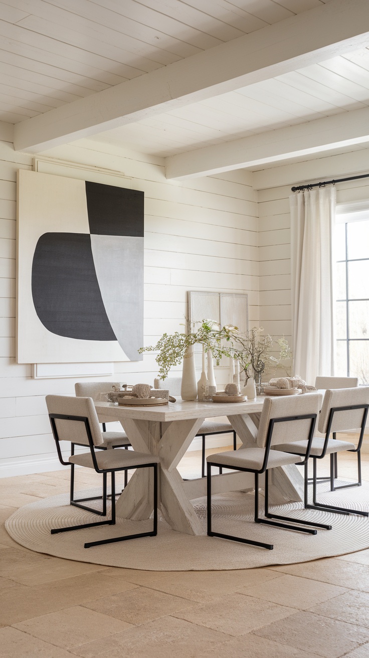 Modern farmhouse dining room with neutral color palette and minimalist decor.