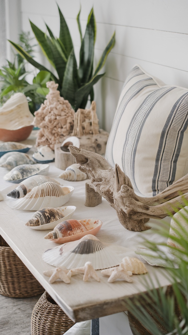 Decorative ocean-inspired accessories including seashells, driftwood, and plants.