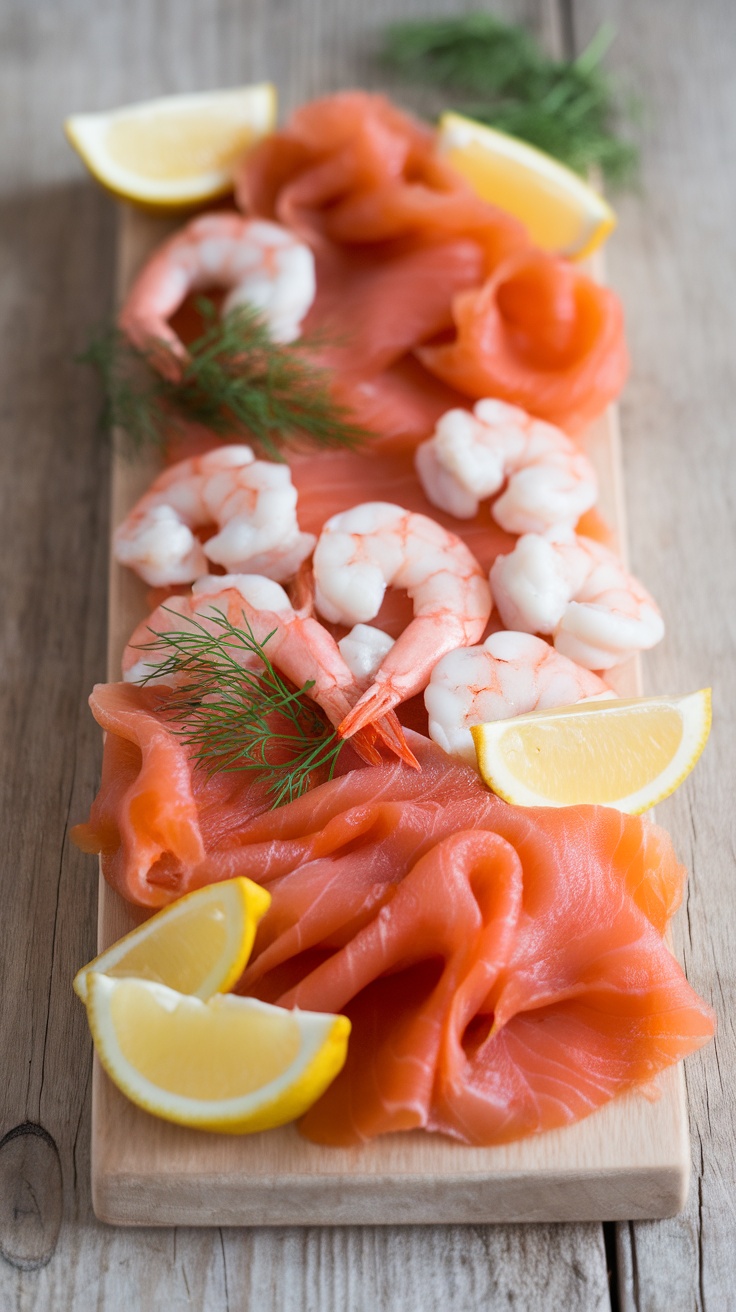 An ocean-inspired charcuterie board featuring smoked salmon, shrimp, and lemon wedges.