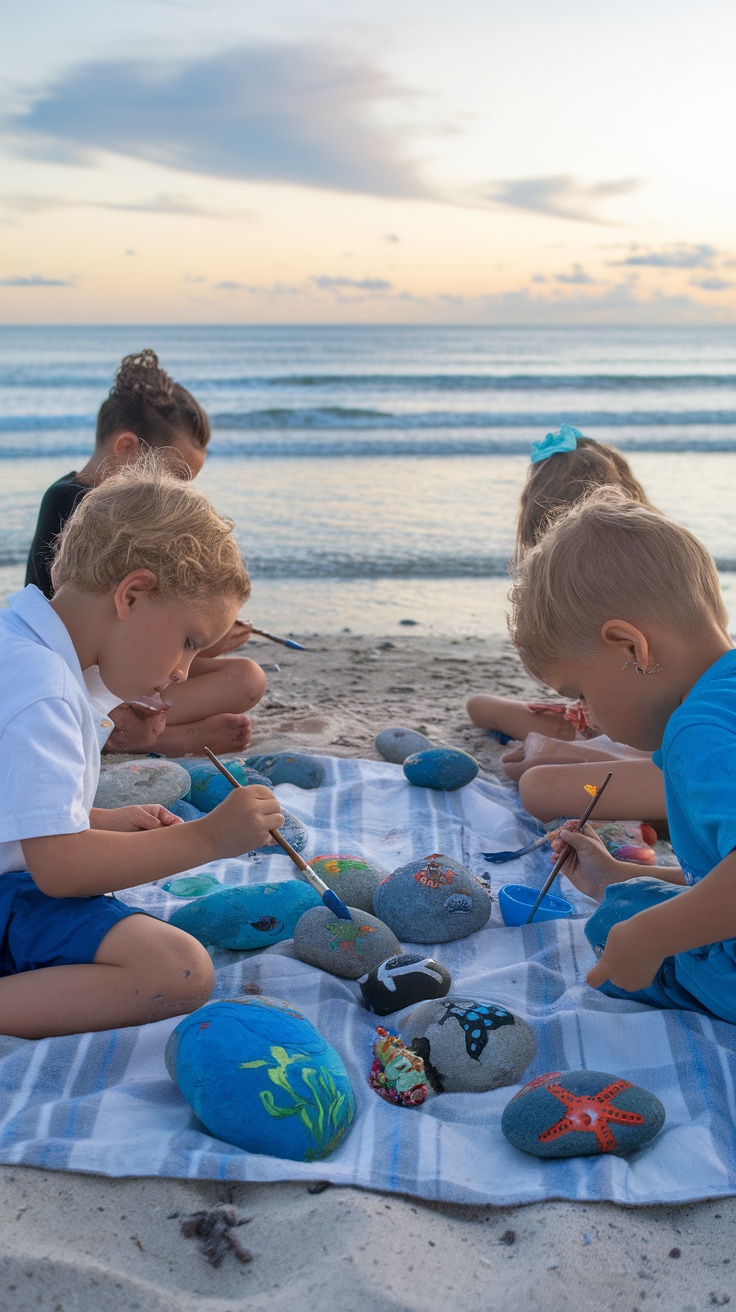 Children painting rocks by the beach, creating ocean-inspired designs.