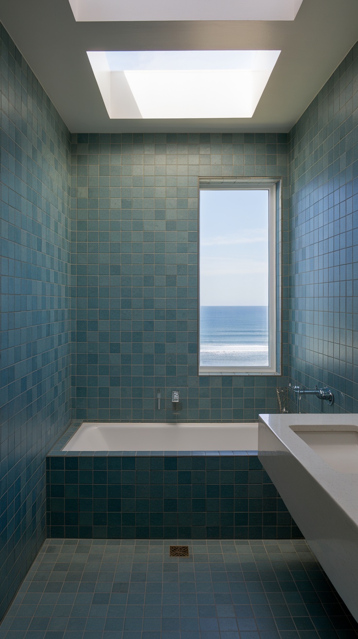 A coastal bathroom featuring ocean-inspired blue tiles and a view of the sea.