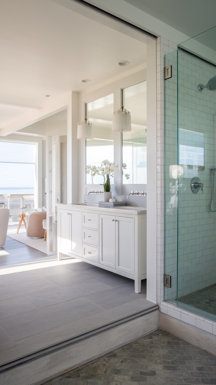 A modern coastal bathroom with an open concept design, featuring a sleek vanity and a glass shower.
