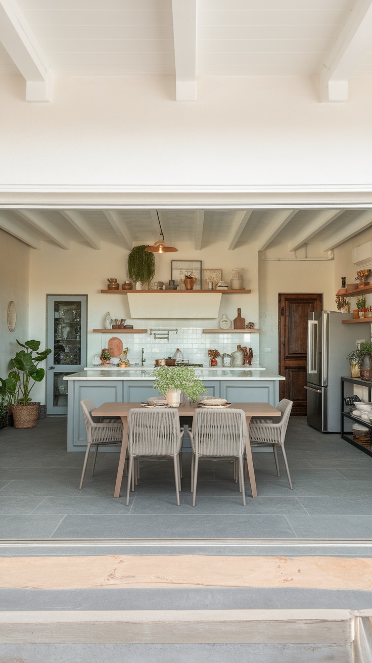 Modern open concept dining area with kitchen connection.