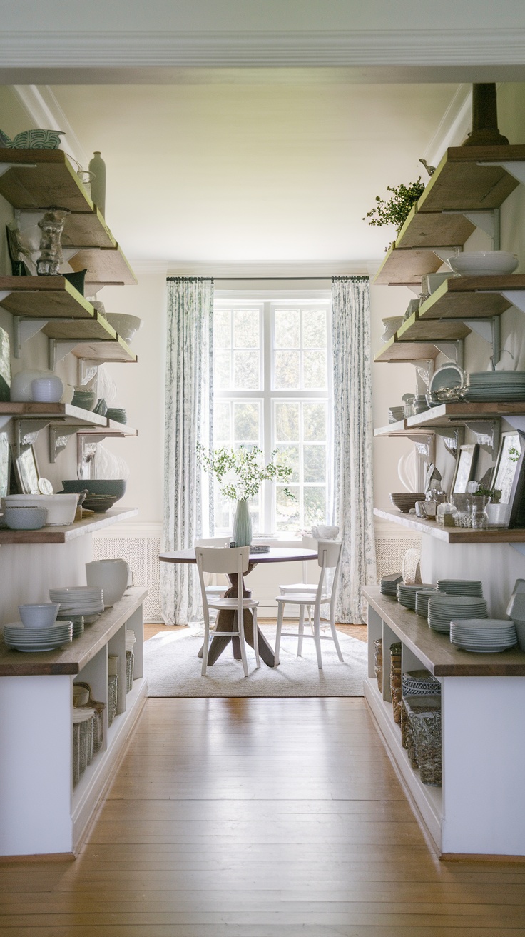 A modern farmhouse dining room featuring open shelving with dishes and decor.