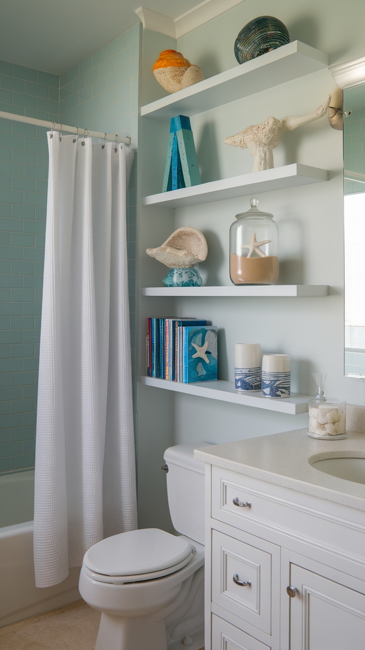 Coastal-themed bathroom with open shelving displaying seashells and decorative items.
