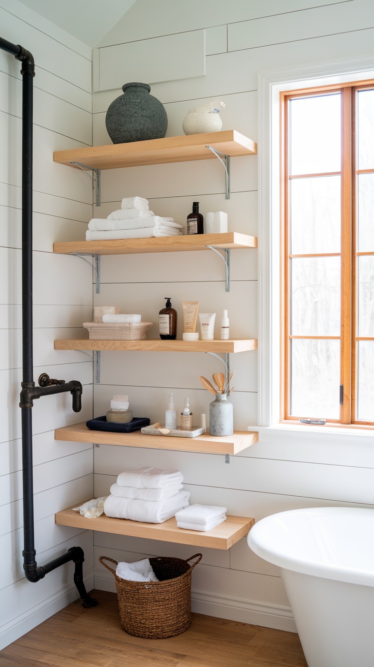 Modern farmhouse bathroom with open wooden shelving displaying towels and skincare products.