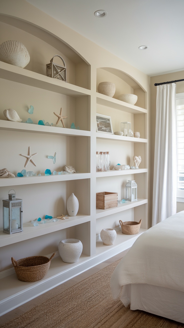 Open shelving displaying coastal decorations like shells and starfish.
