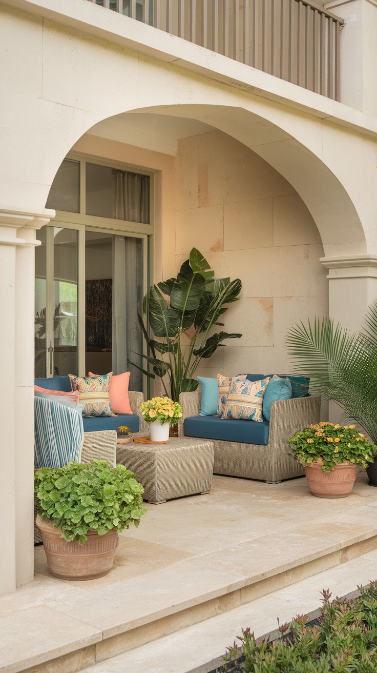 A cozy outdoor seating area with cushions and plants.