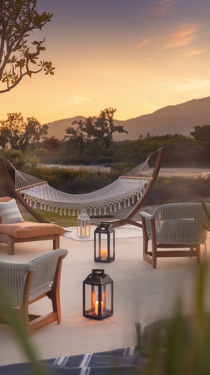 A serene outdoor space featuring a hammock, cozy seating, and lanterns, set against a beautiful sunset.