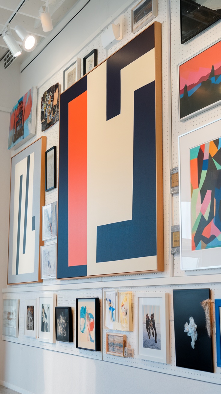A gallery wall featuring a mix of oversized and smaller artworks.