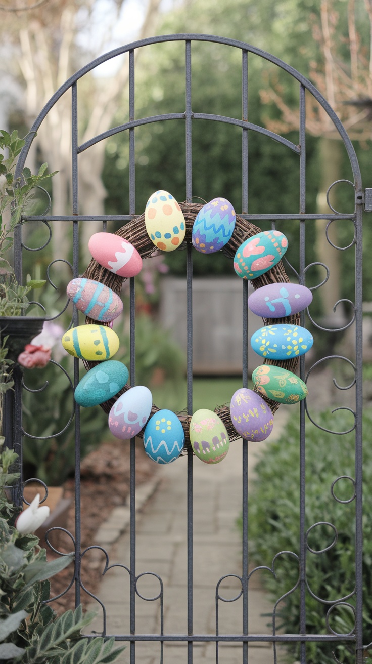 A colorful painted rock Easter wreath hanging on a gate.