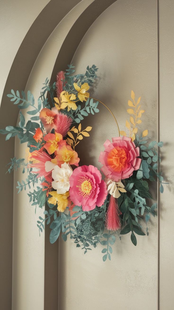 Colorful paper flower wreath with various flowers and greenery.