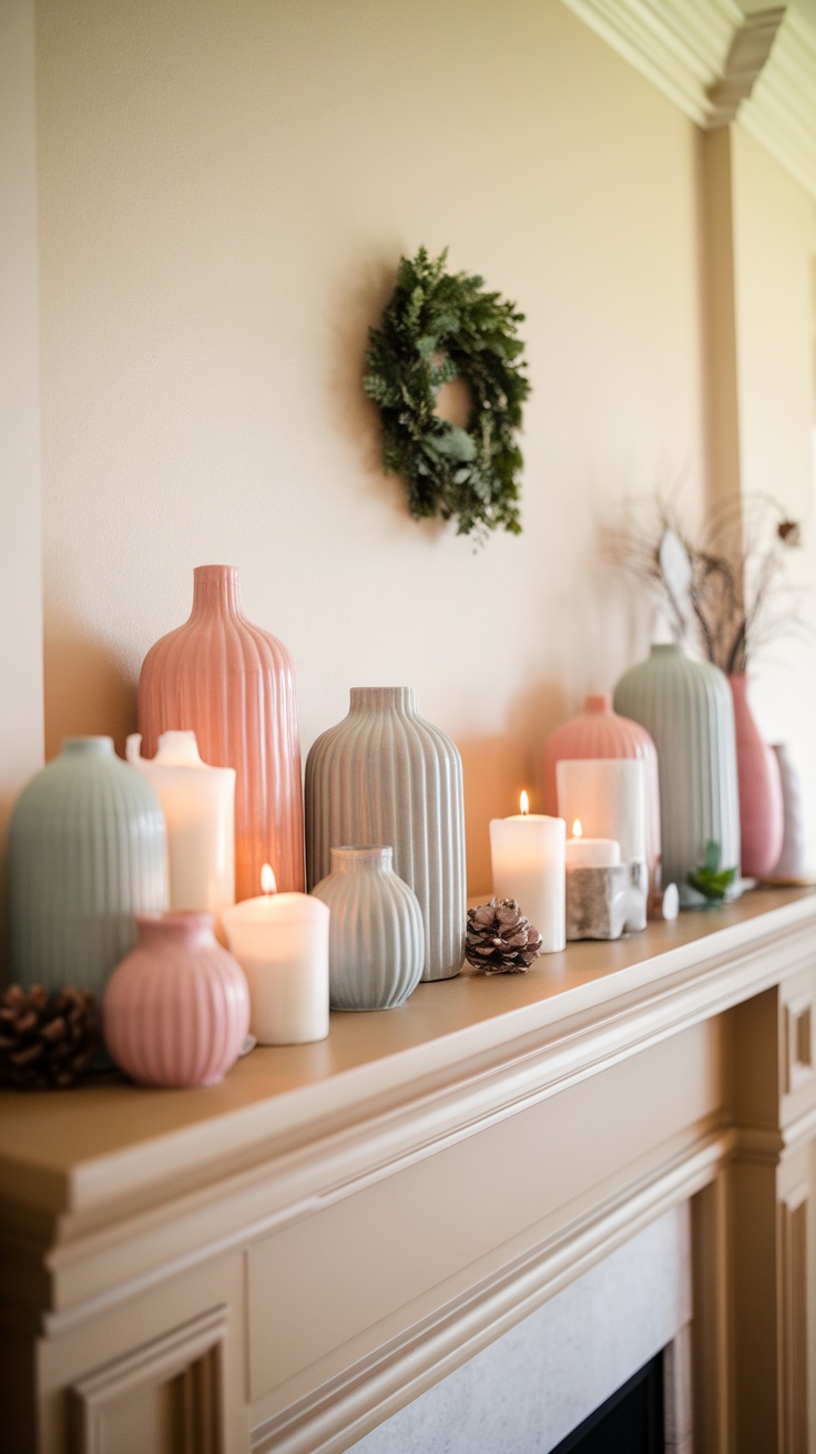 A mantel decorated with pastel vases, candles, and pine cones, creating a spring atmosphere.