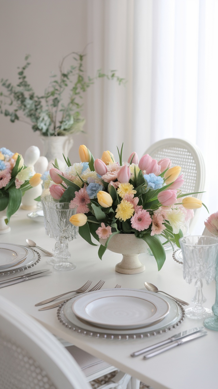 A beautifully arranged pastel floral centerpiece featuring tulips, daisies, and other flowers in soft colors, placed on a white dining table.