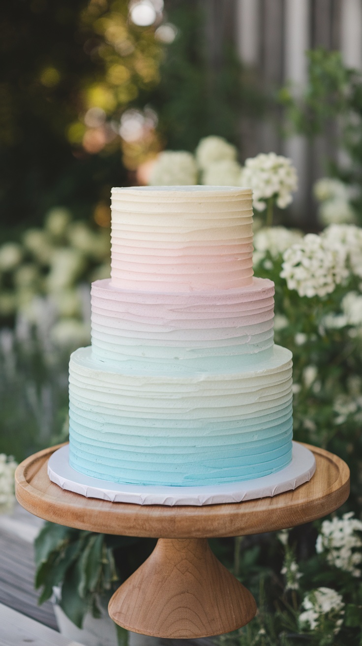 A three-tiered pastel ombre layer cake with shades of pink, blue, and cream, displayed on a wooden cake stand surrounded by greenery.