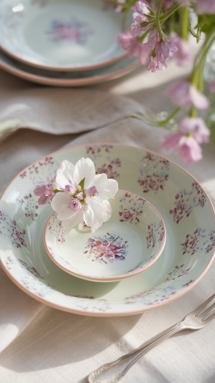 Pastel-colored plates with floral designs and a flower on a table setting