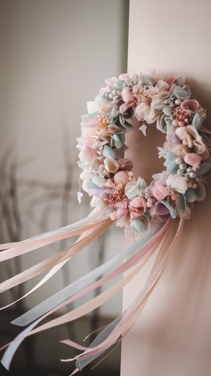 A pastel-colored wreath adorned with soft flowers and flowing ribbons, showcasing a gentle and elegant design.