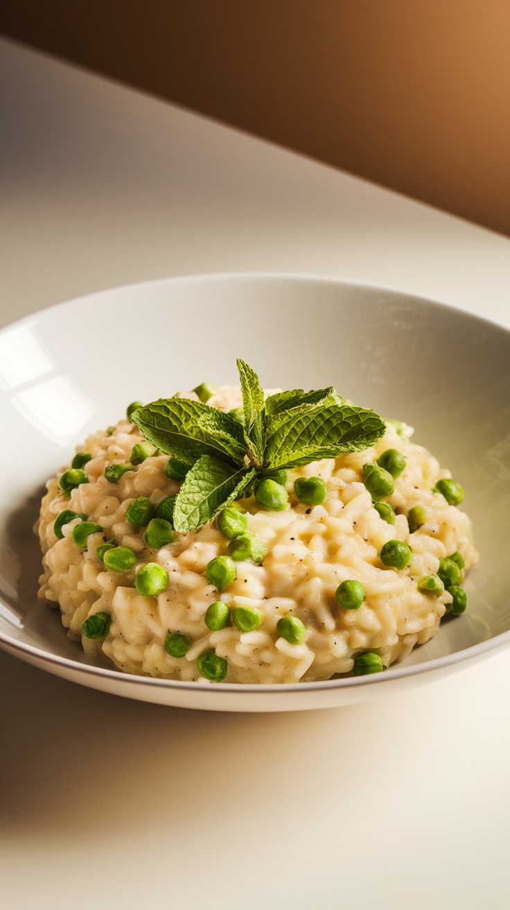 A bowl of pea and mint risotto garnished with fresh mint leaves and green peas.
