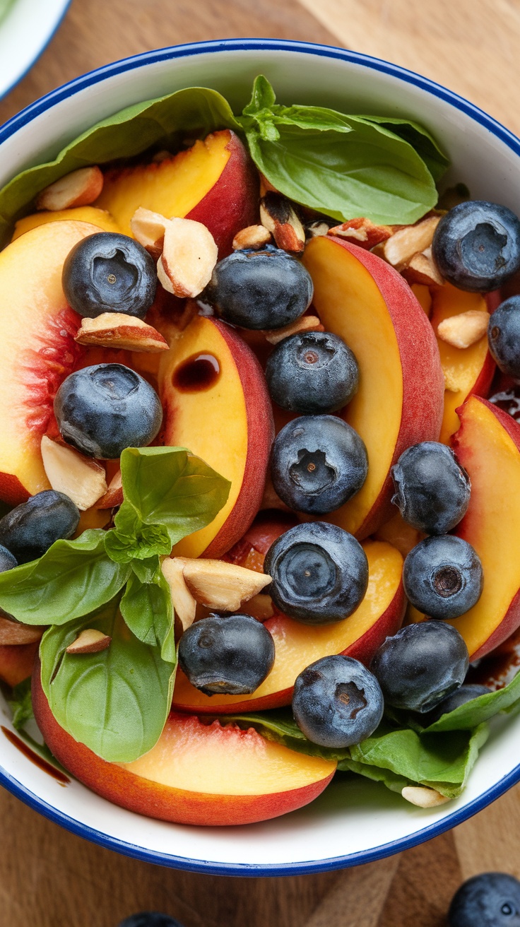 A vibrant bowl of peach and basil salad featuring sliced peaches, blueberries, and almonds.