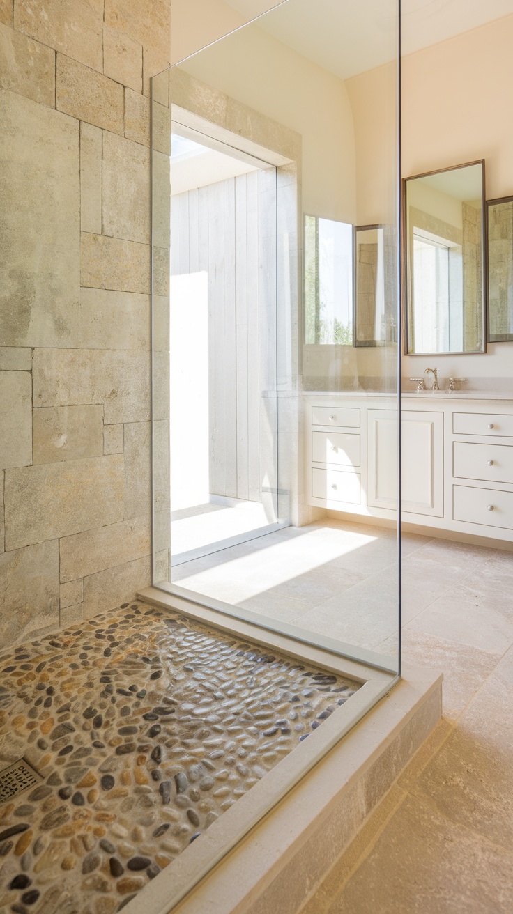 A modern bathroom featuring a pebble stone shower floor.