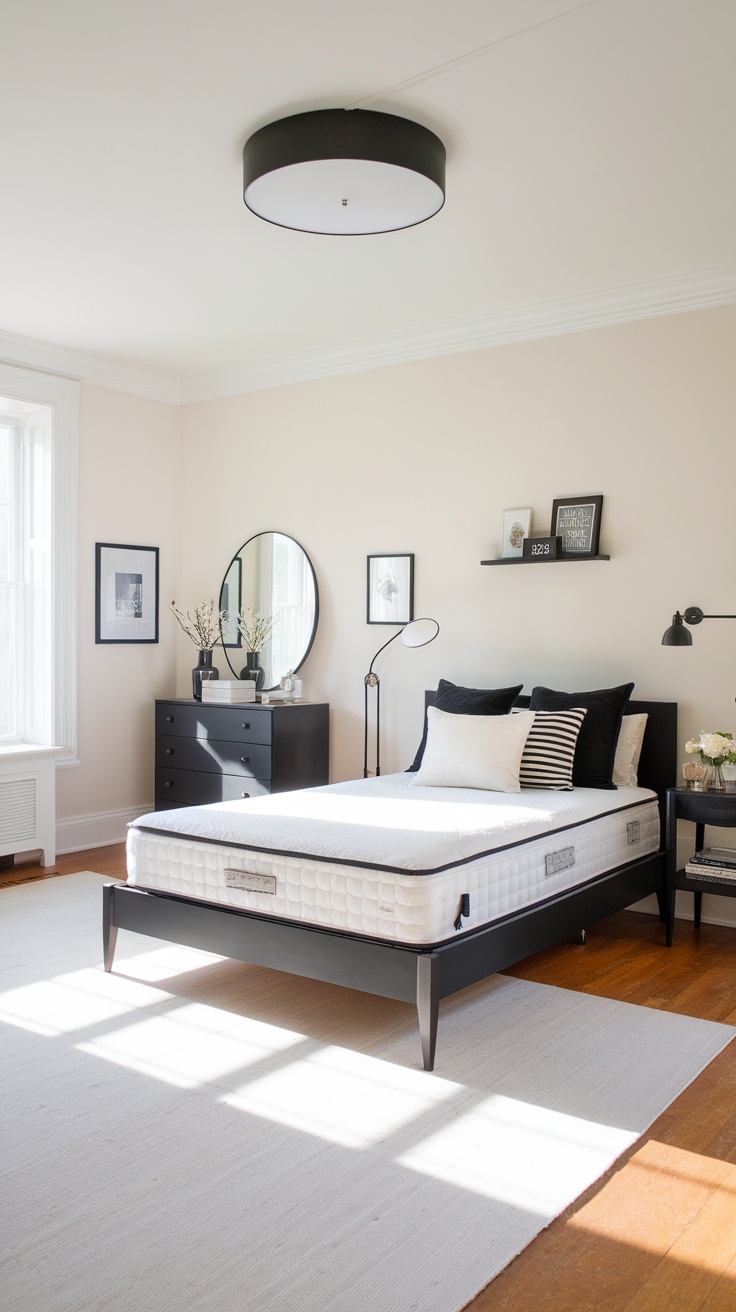 A neutral and black themed bedroom with minimalist decor.