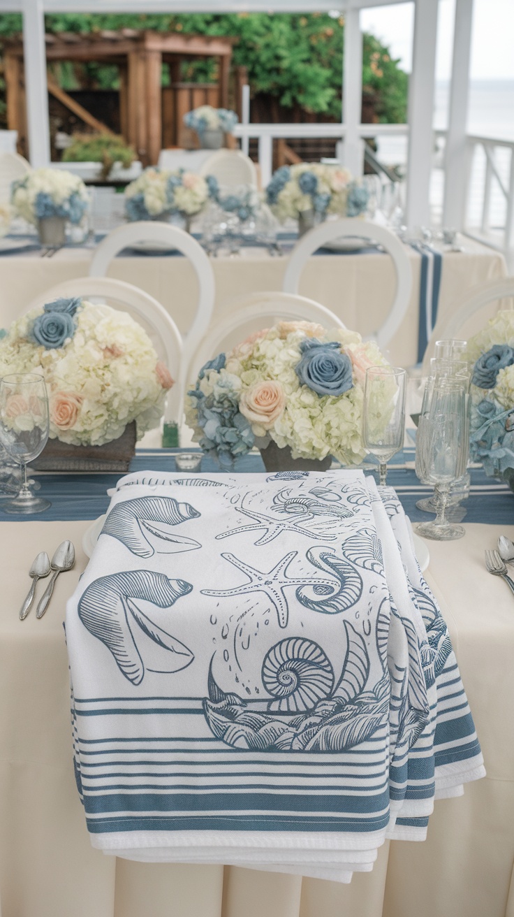 Personalized beach towels with ocean-themed designs on a wedding reception table.