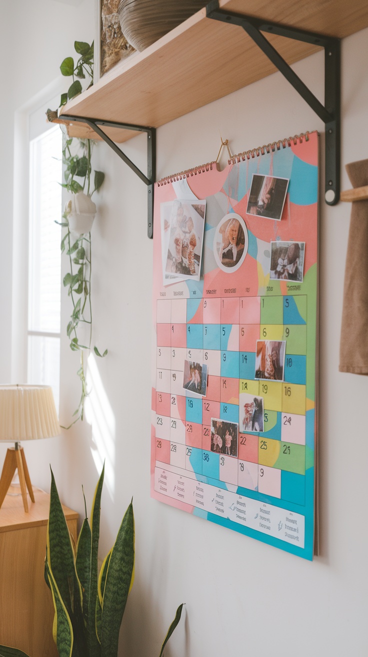 A colorful personalized calendar hanging on a wall with family photos and events marked.