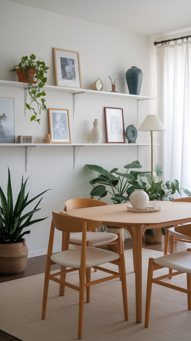 A modern farmhouse dining room with wooden table and chairs, decorated with plants and family photos.