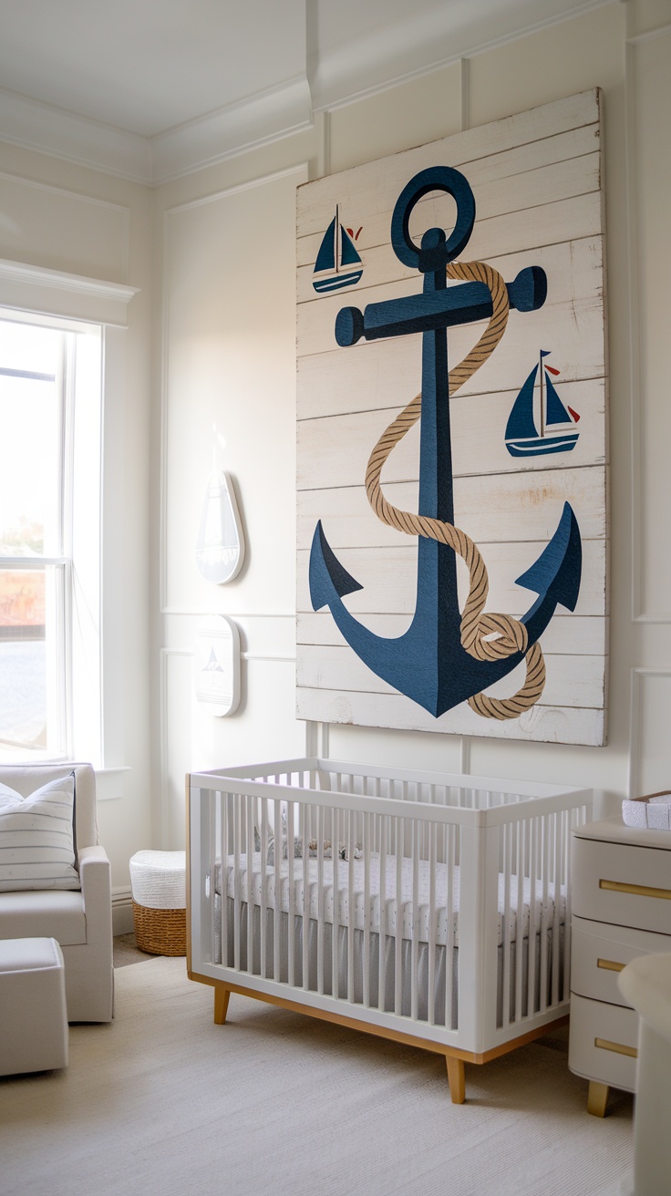 A large nautical-themed wall art featuring an anchor and sailboats in a nursery setting.