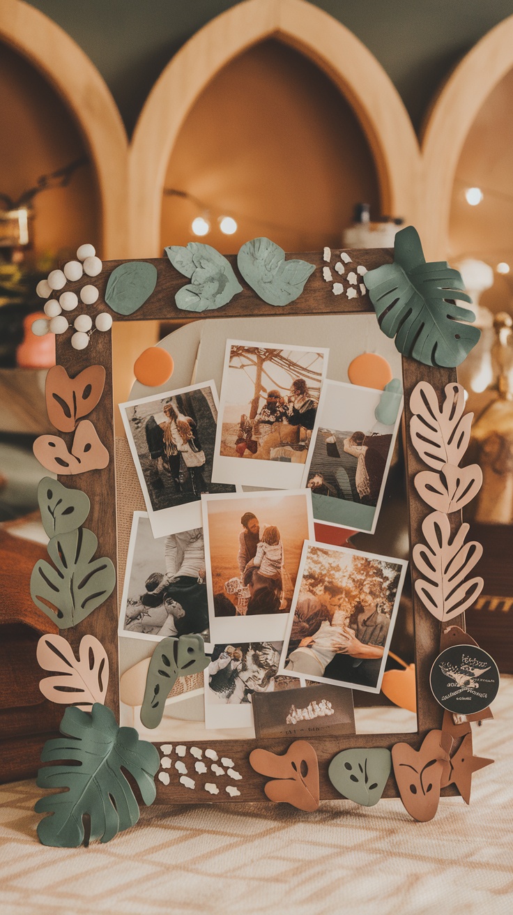 A decorated photo collage frame with images of family moments.