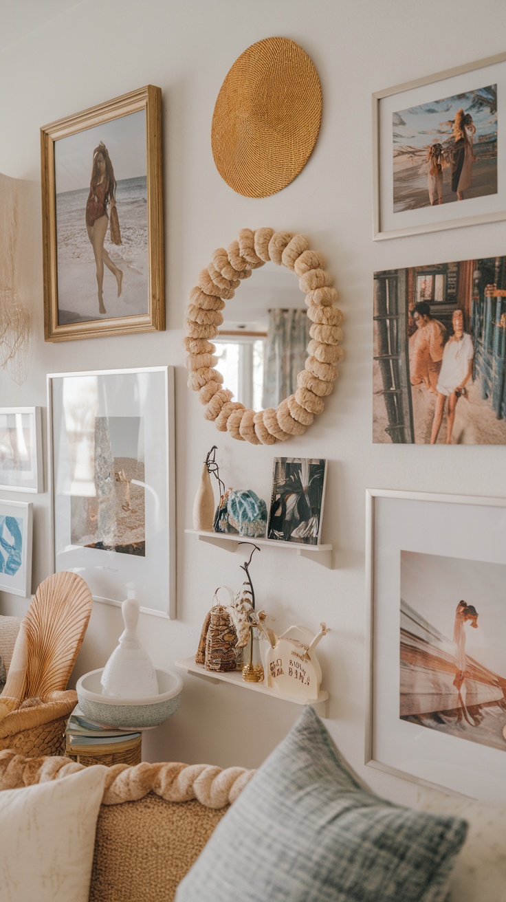 A cozy boho beach house wall with framed pictures and decorative elements.