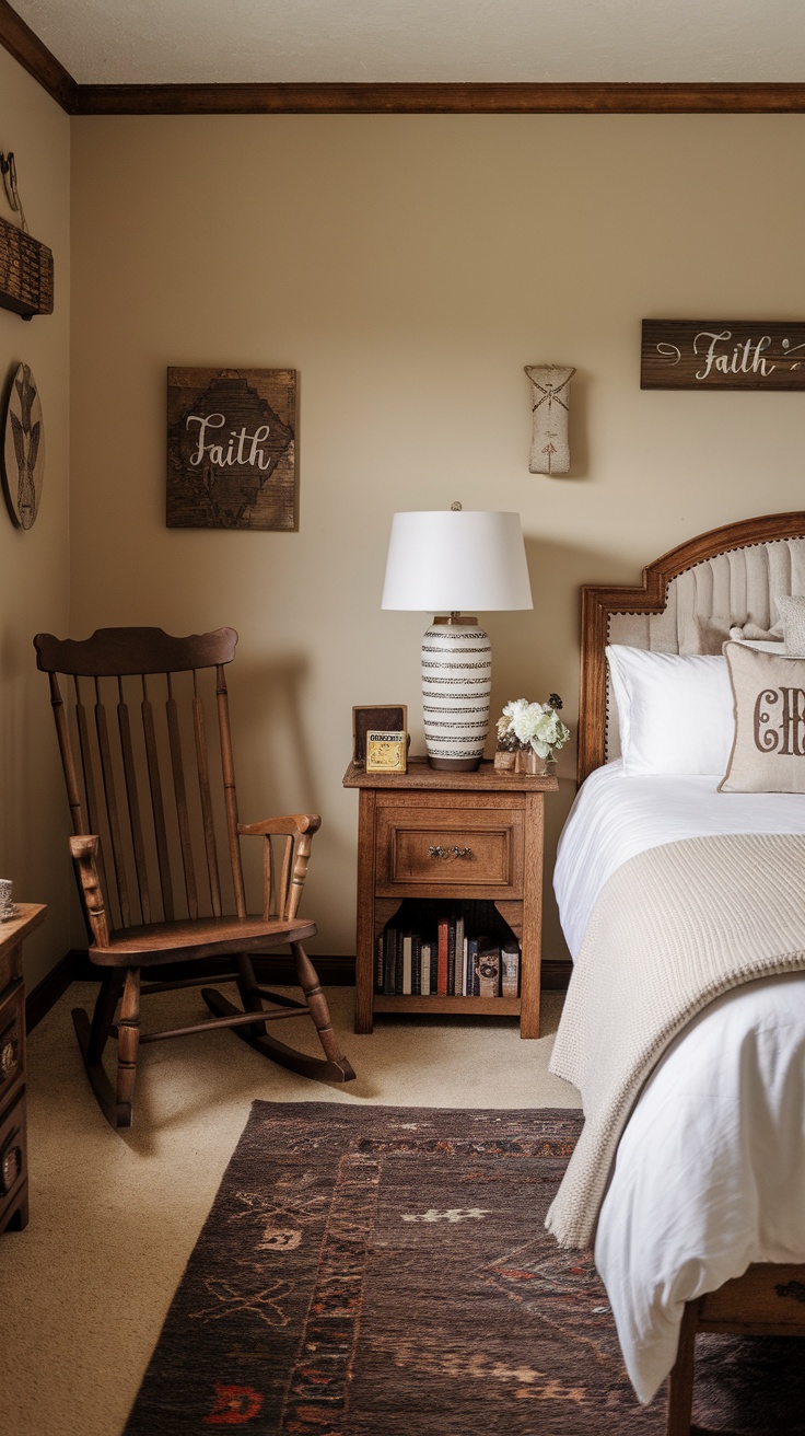 Coastal cowgirl bedroom with rustic wooden beams and a cozy bed.