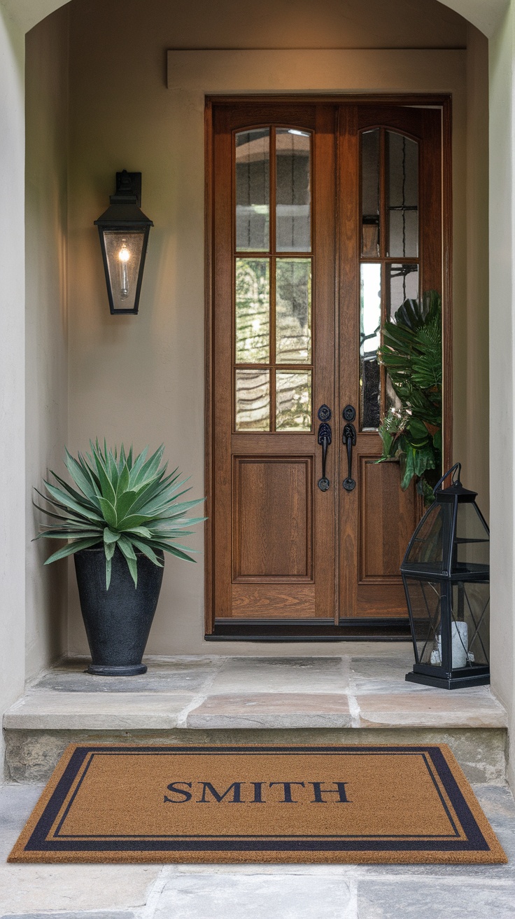 An entryway featuring a personalized welcome mat with the name 'SMITH', surrounded by plants and a stylish door.