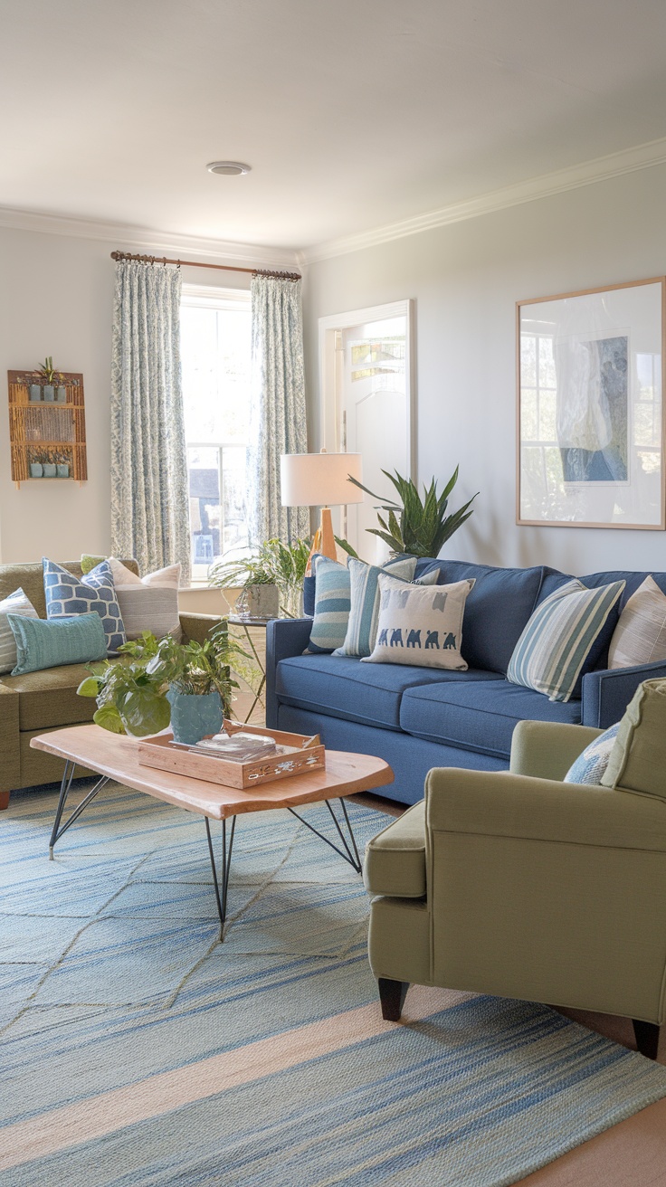 A cozy blue and green living room with throw pillows and rugs.