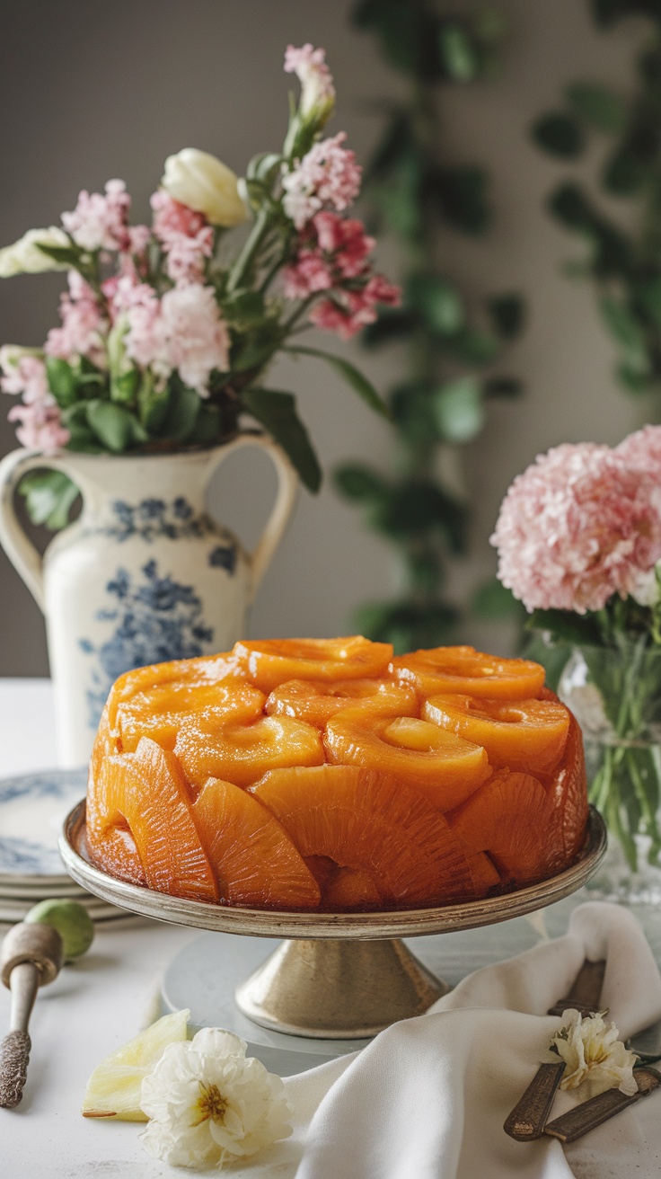 A freshly baked pineapple upside-down cake on a stand, surrounded by flowers and rustic decor.