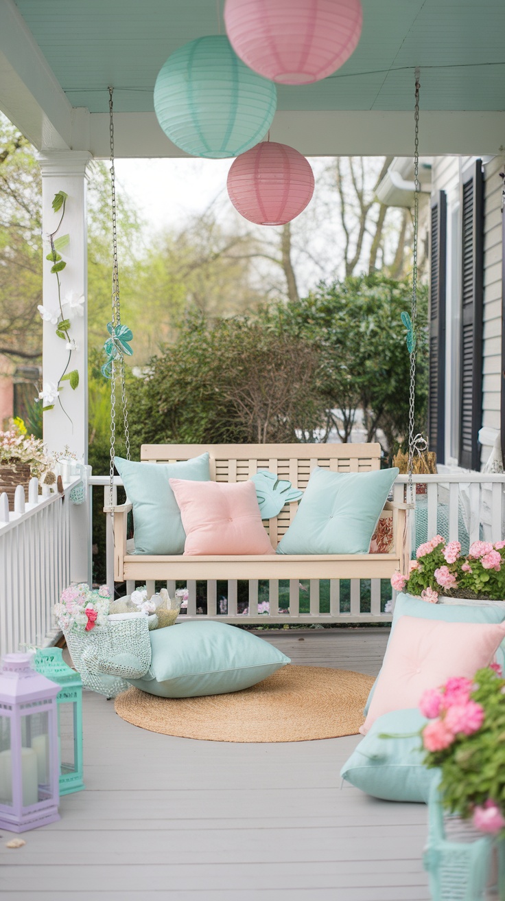 A spring front porch decorated with pastel pillows, lanterns, and flowers, creating a cozy and inviting atmosphere.