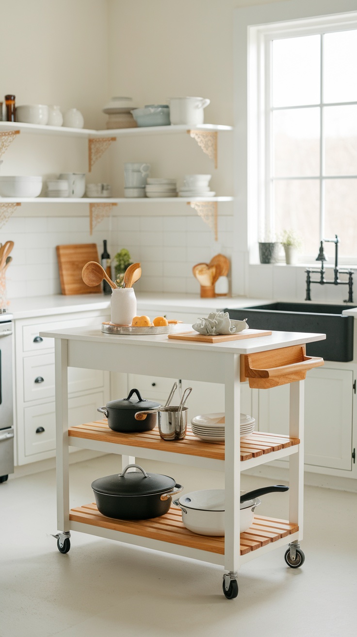 A portable kitchen island on wheels with wooden shelves, pots, and kitchenware, set in a cozy kitchen.