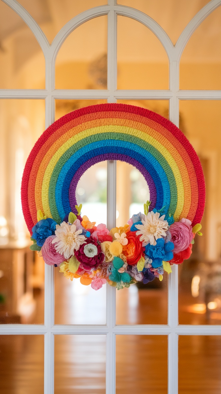 A colorful rainbow wreath decorated with various flowers.