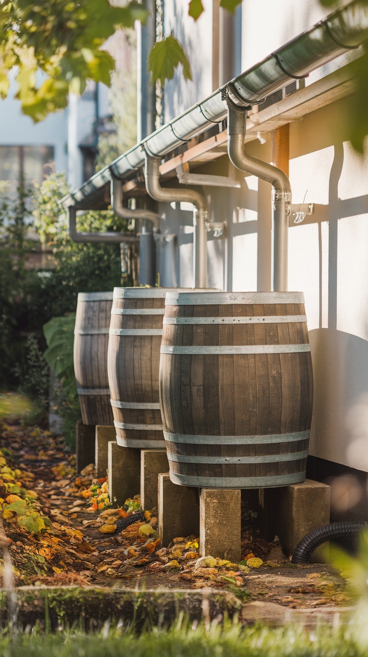 Three wooden barrels used for rainwater harvesting.