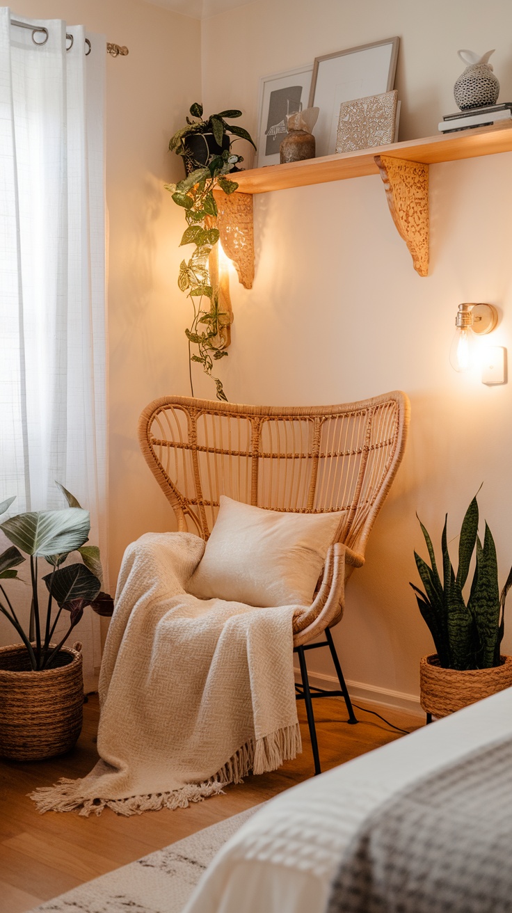 A cozy rattan chair draped with a soft blanket, surrounded by plants and warm lighting.