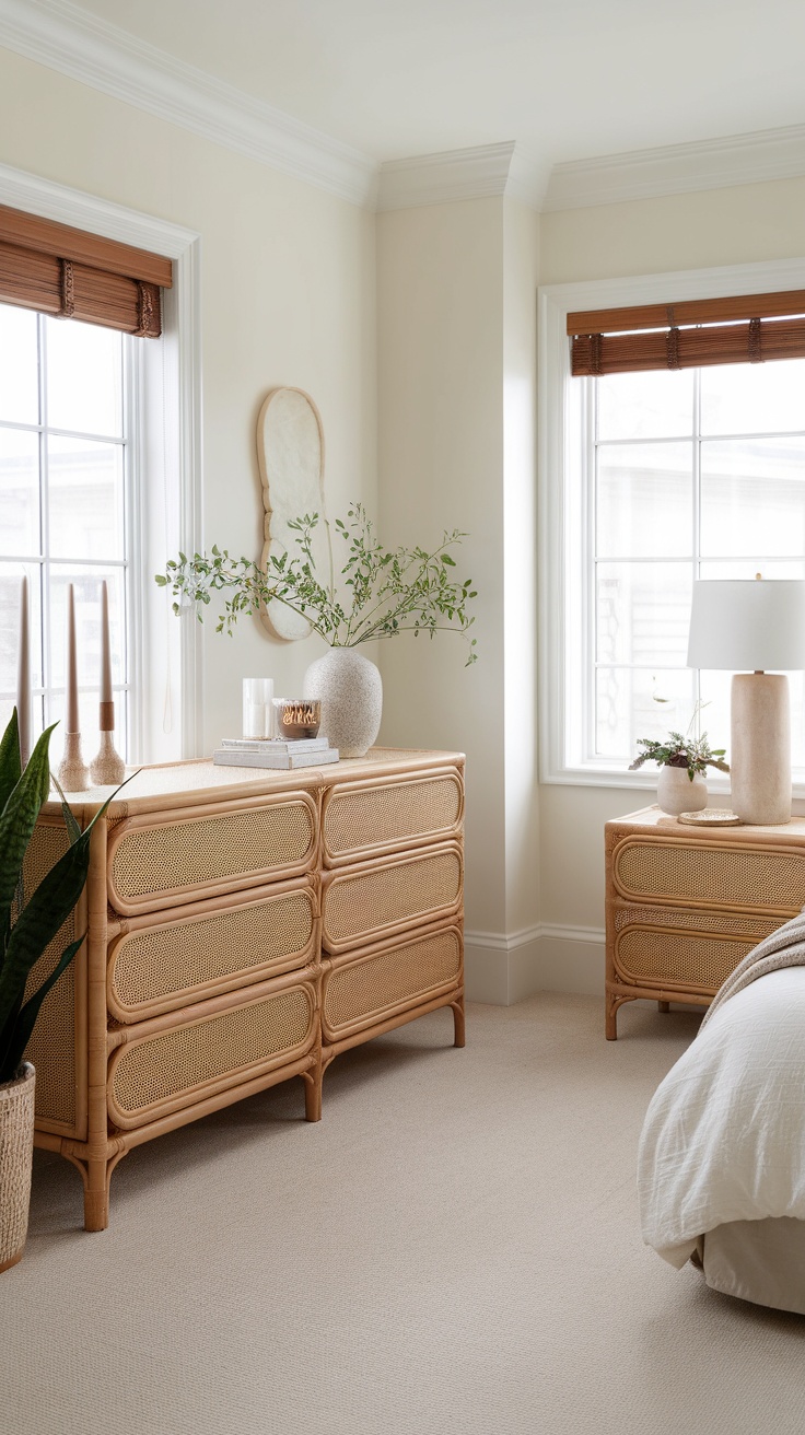 A stylish rattan dresser and nightstand in a bright bedroom, featuring a plant and decorative items.