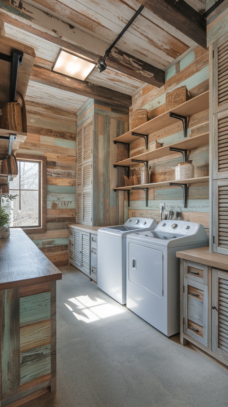 A stylish laundry room featuring reclaimed wood walls and shelves, with modern appliances and natural light.