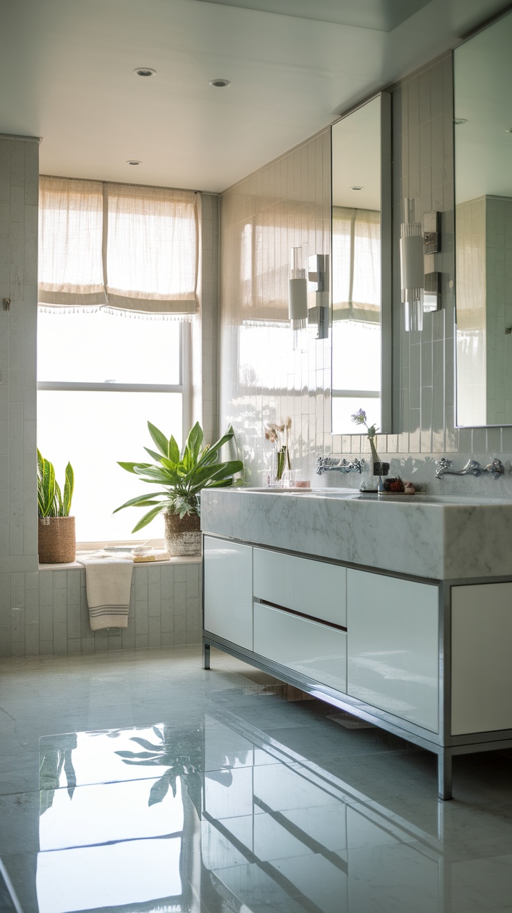 A bright coastal bathroom featuring reflective surfaces with a modern sink and plants by the window.
