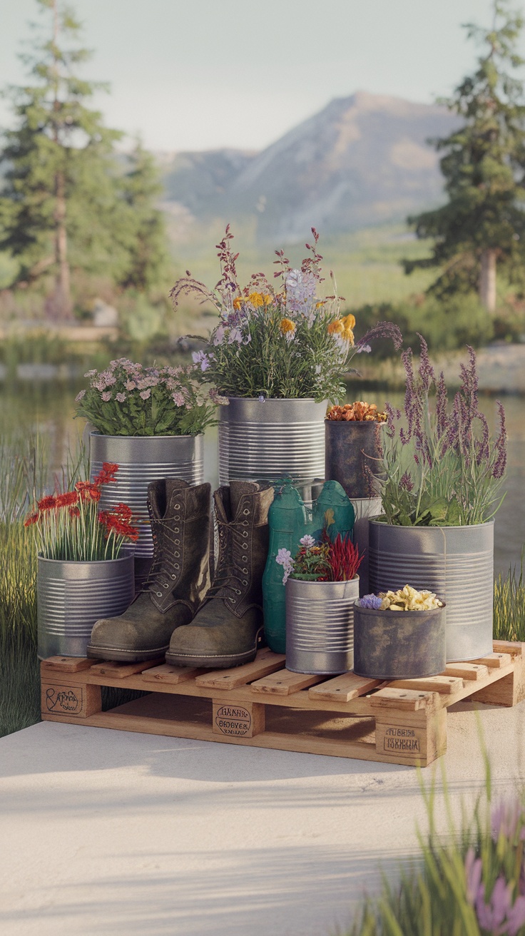 A collection of plants in various repurposed containers including boots, cans, and jars.